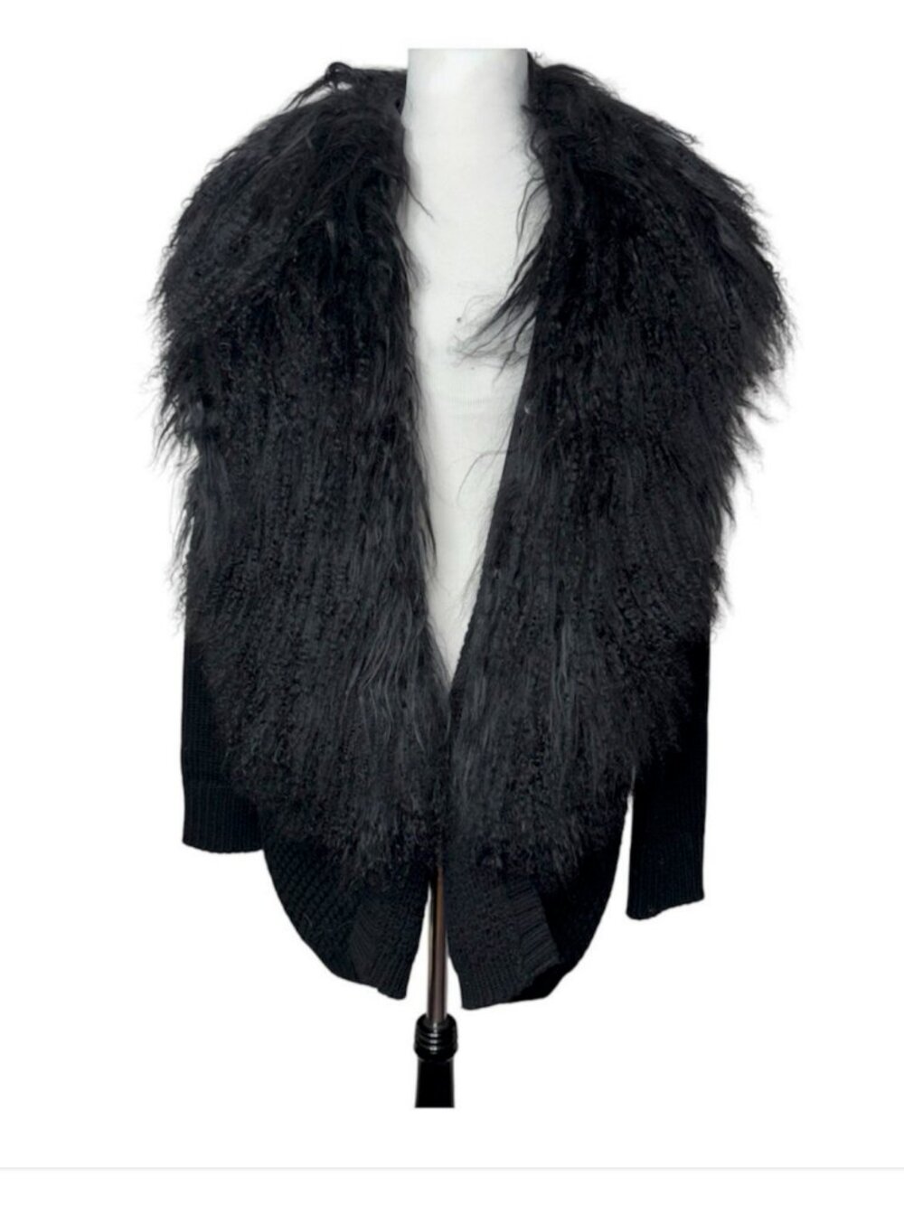 Vince Mongolian Lamb Fur Trim Collar Wool Knit Black Open Cardigan Size Small